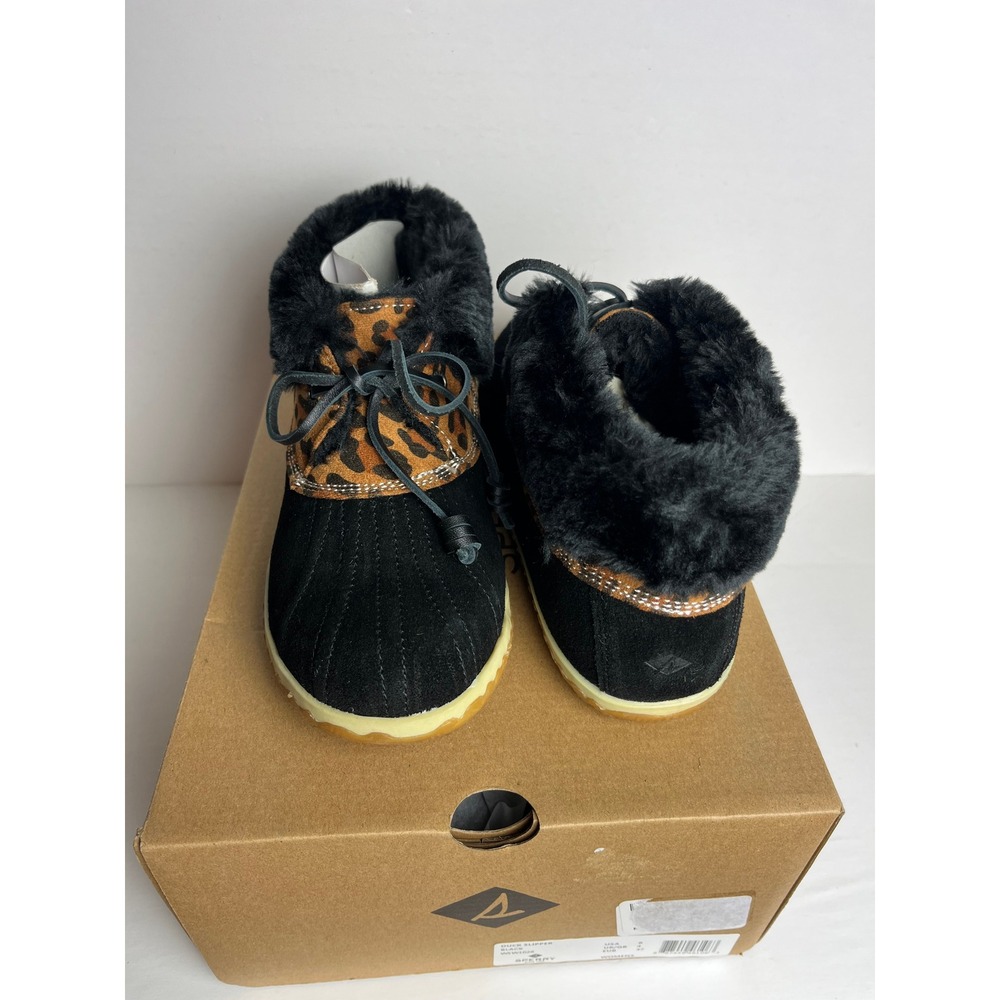 Sperry Duck Slipper Boots Women's 6 Black Leopard Faux Fur Trim New in Box